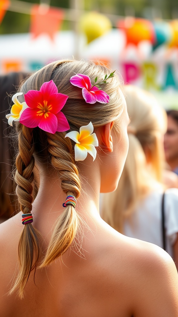 A young woman with braided pigtails decorated with colorful flowers