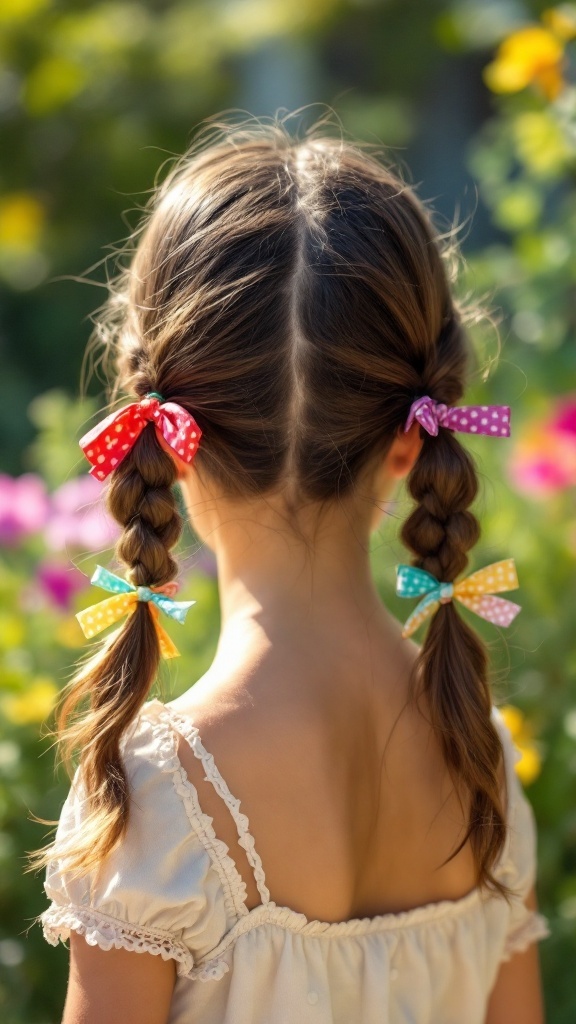 A young girl with pigtails tied with colorful ribbons, surrounded by flowers.