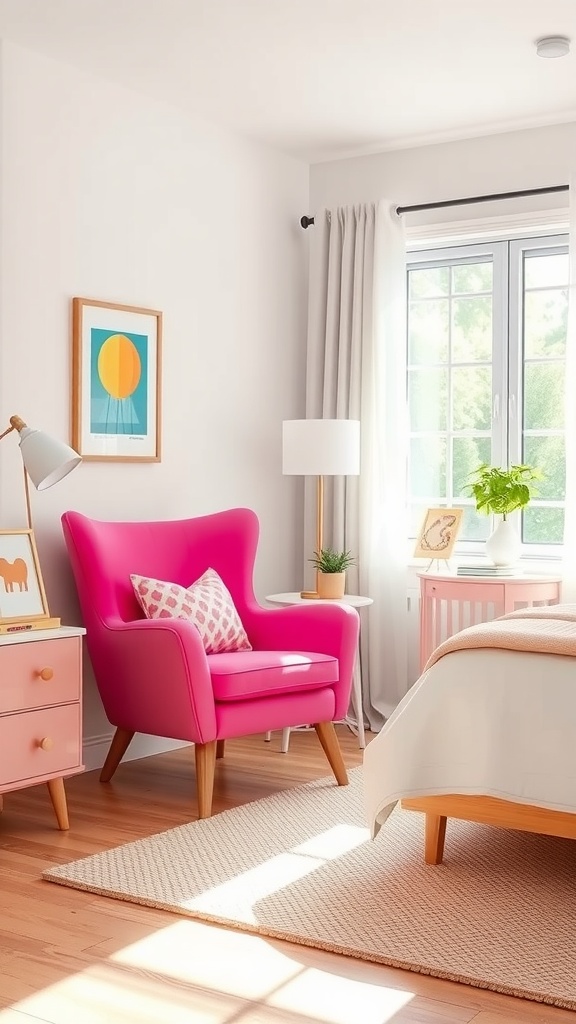 A bright pink accent chair in a cozy bedroom with light wood flooring and soft natural light.
