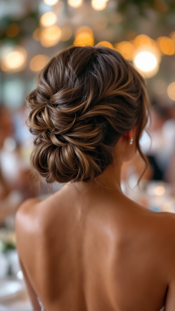 A back view of a woman's hair styled in playful pinned up curls, showcasing a beautiful updo.