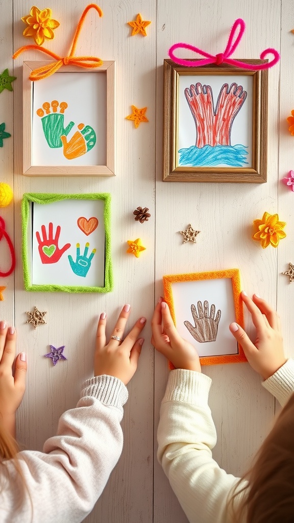 Colorful pipe cleaner frames with children's handprint drawings