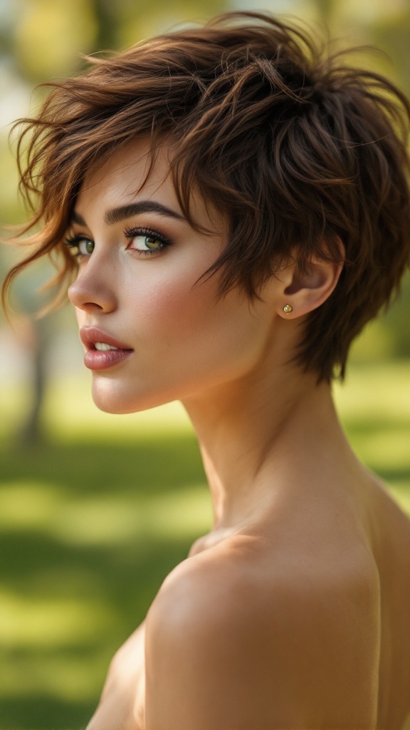 A young woman with a playful pixie cut, featuring tousled layers, looking confidently towards the camera.