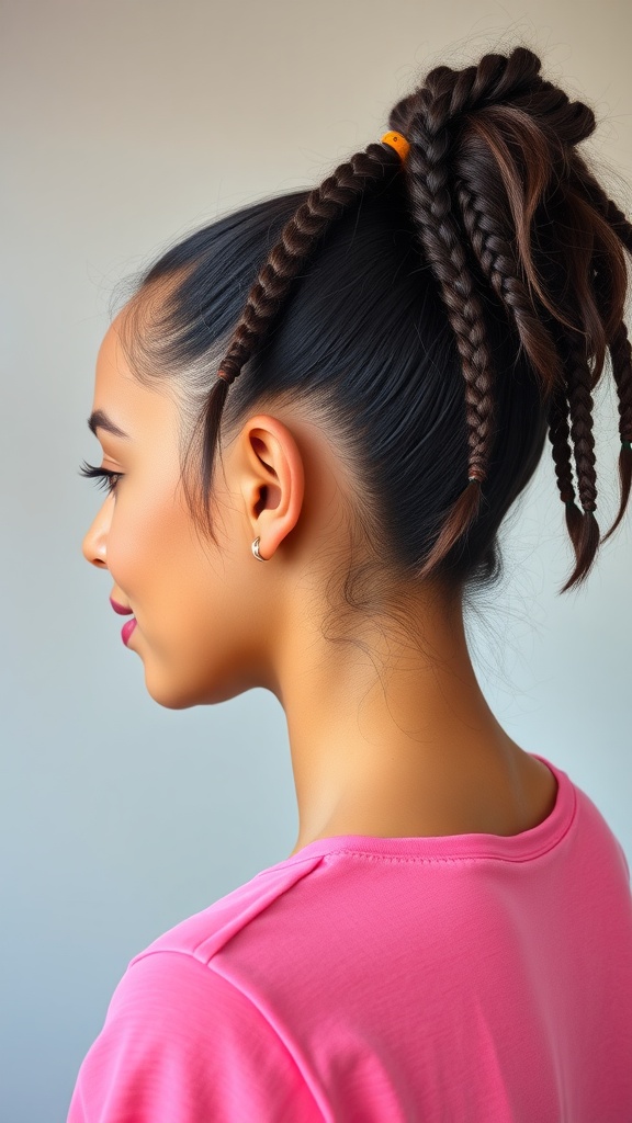 Side view of a woman with medium knotless braids styled in a playful ponytail