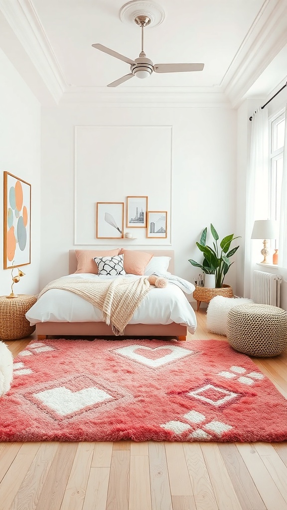 A cozy girly room featuring a playful coral rug with heart and geometric designs, complemented by light furniture and soft accents.