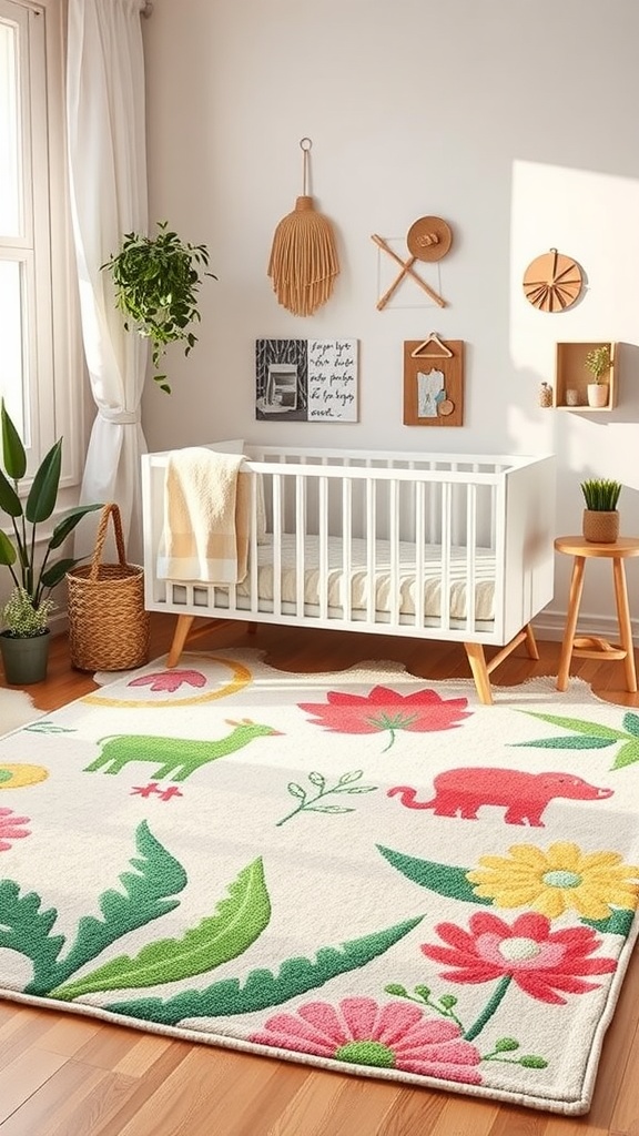A colorful nursery rug with nature motifs, featuring animals and flowers, in a bright nursery setting.