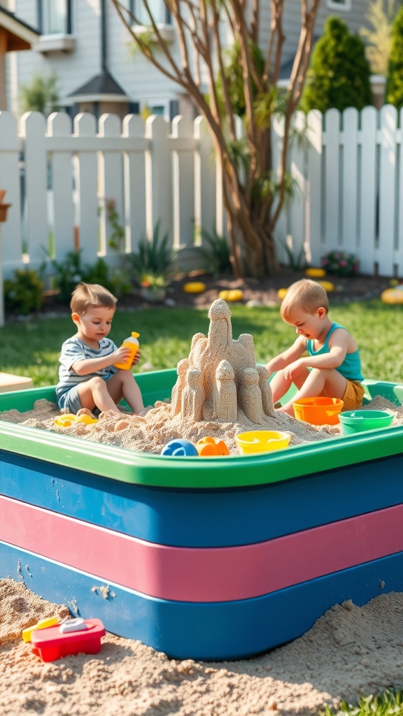 Two young children playing in a colorful sandbox, creating sand sculptures in a backyard setting.