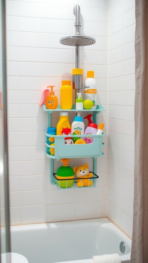 Colorful shower caddy filled with bath products and toys for toddlers