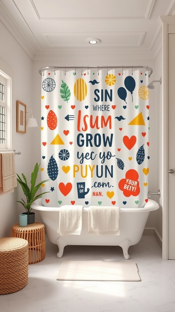 A colorful and playful shower curtain with various shapes and patterns in a bright bathroom setting.