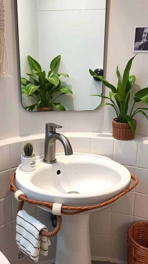 A playful kids bathroom sink with a unique rope design and green plants around it.