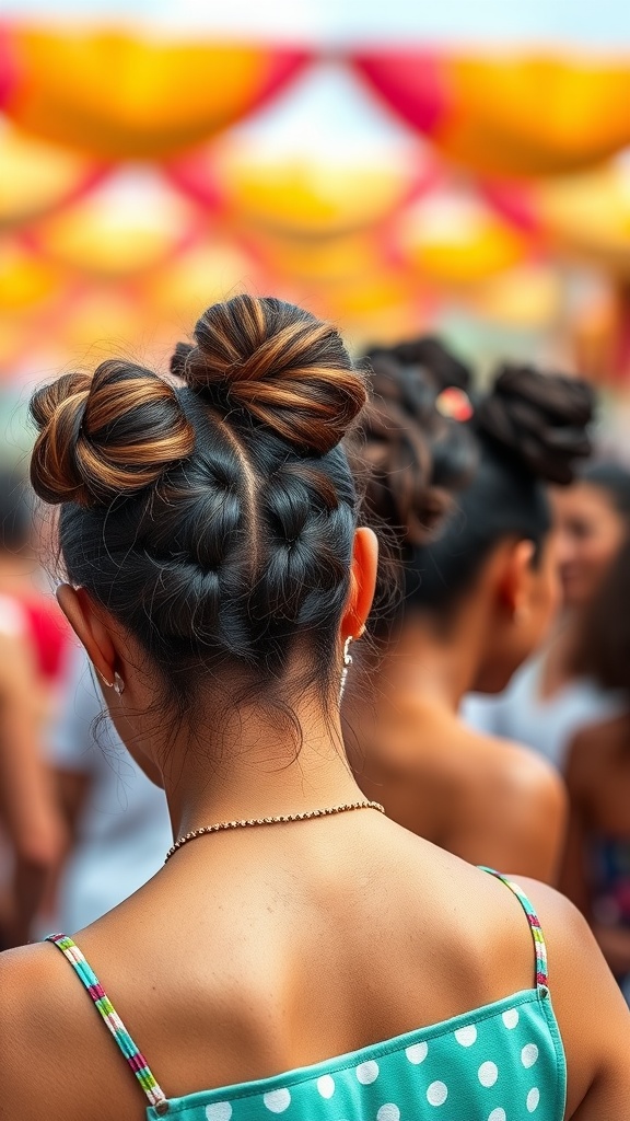 A girl with playful space buns and braided hair, set against a vibrant background.