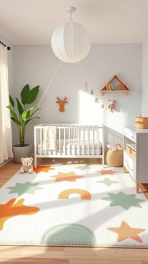 A colorful nursery rug with playful shapes in a cozy room