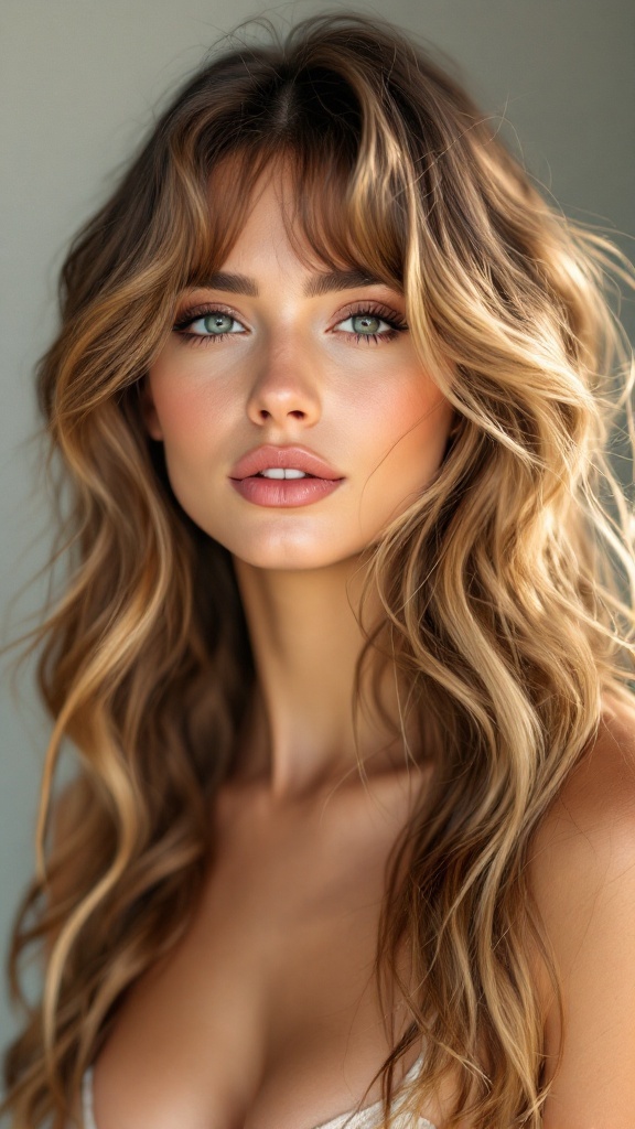 A woman with half up half down hairstyle featuring playful textured waves and bangs.
