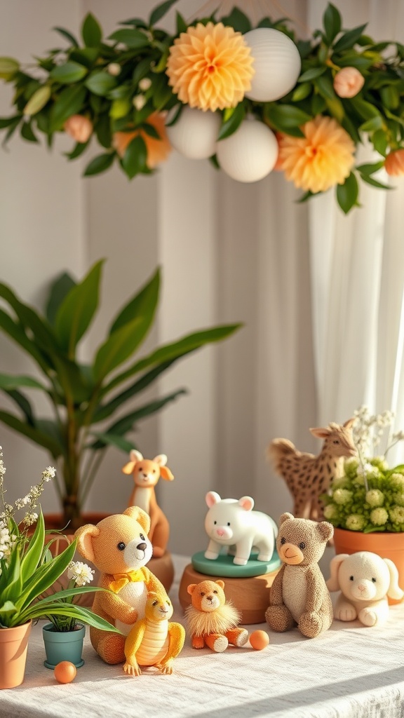 A cozy and playful baby shower decoration featuring stuffed animals, flowers, and hanging lanterns.