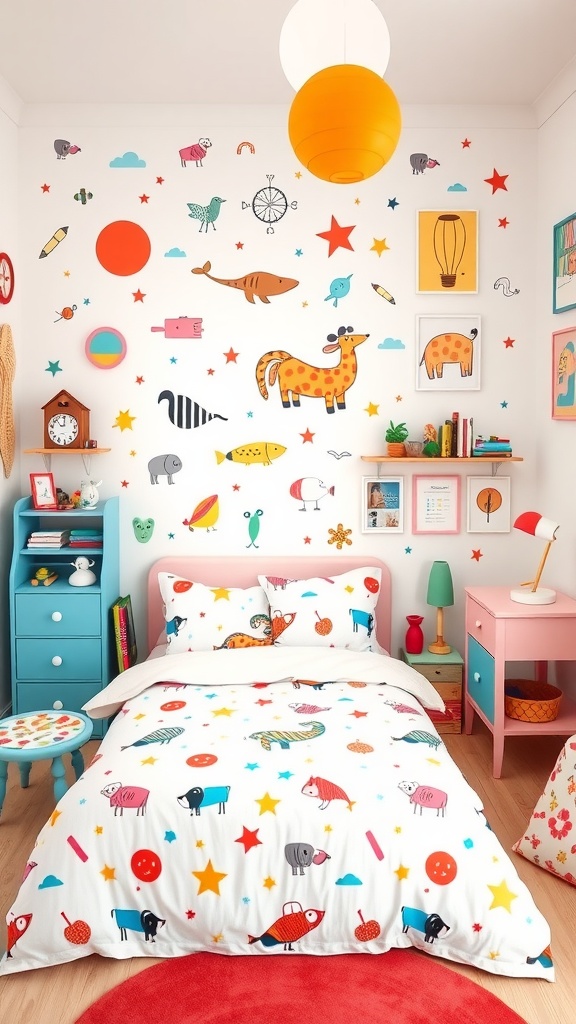 A colorful kids' bedroom decorated with animal stickers and playful bedding.