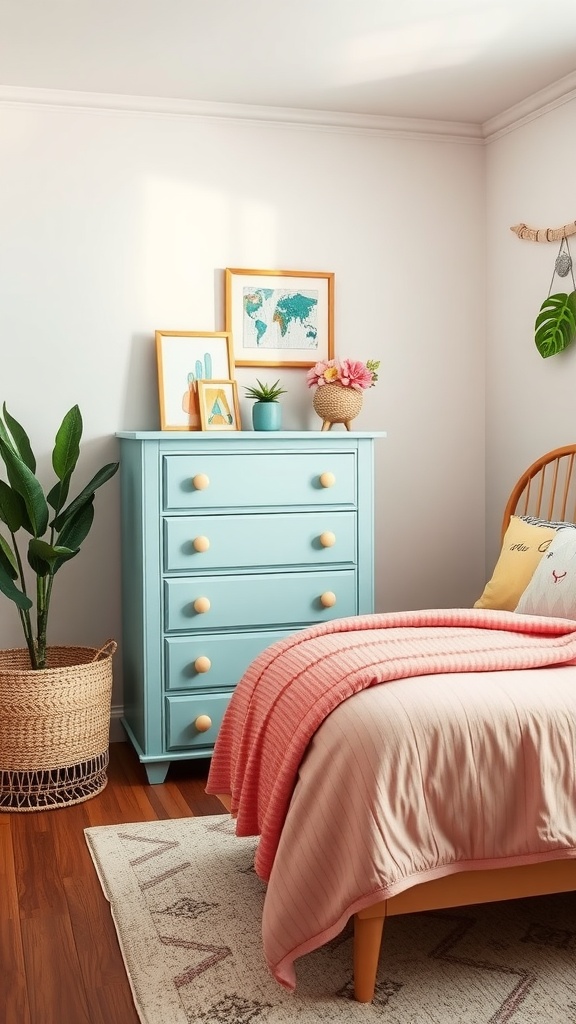 A small bedroom featuring a light blue dresser, pink blanket, and decorative plants.