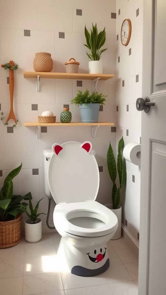 A playful toilet seat designed for kids, featuring ears and a smiling face, in a bright bathroom with plants and shelves.