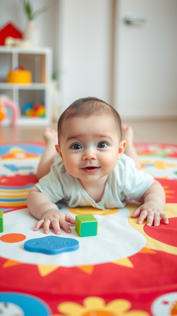 A happy baby lying on a colorful play mat during tummy time, surrounded by soft toys.