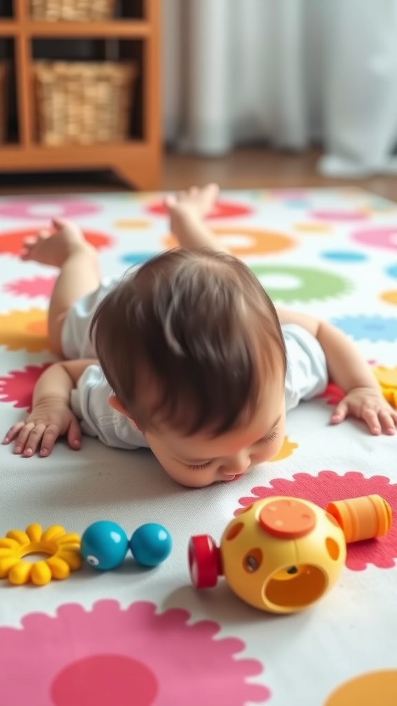 A baby engaged in tummy time on a colorful play mat, surrounded by toys.