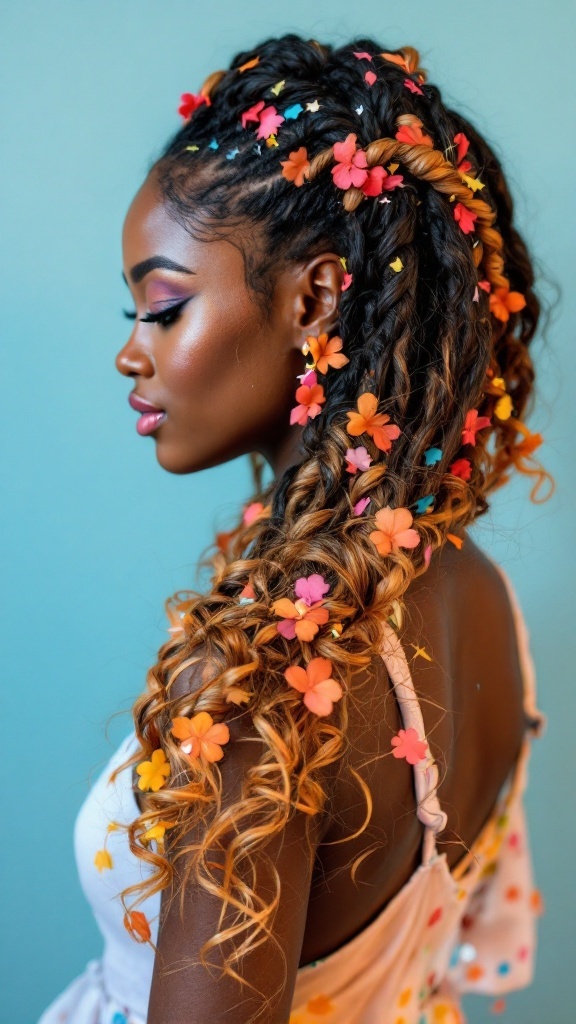A woman with playful twisted half-up hairstyle featuring confetti curls and colorful flower clips.