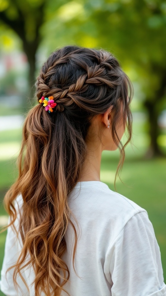 A woman with a playful twisted half updo hairstyle, showing off waves and colorful accessories.