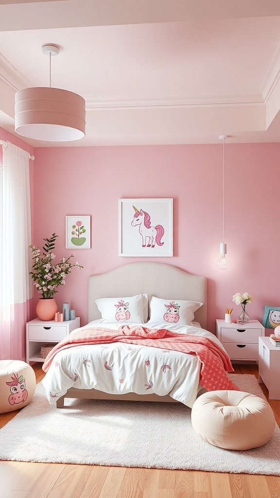 A pink bedroom featuring unicorn-themed bedding, artwork, and playful decor.