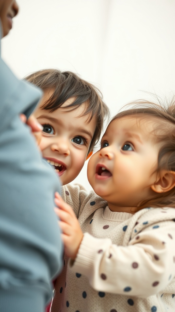 Two toddlers playing peek-a-boo with joyful expressions