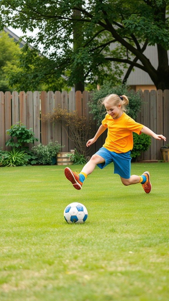 A young boy in a yellow shirt and blue shorts playing soccer in the backyard.