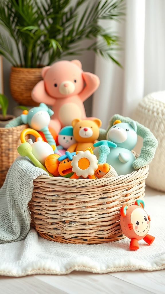 A woven basket filled with colorful baby toys, including plush animals and rattles, surrounded by plants and a soft blanket.