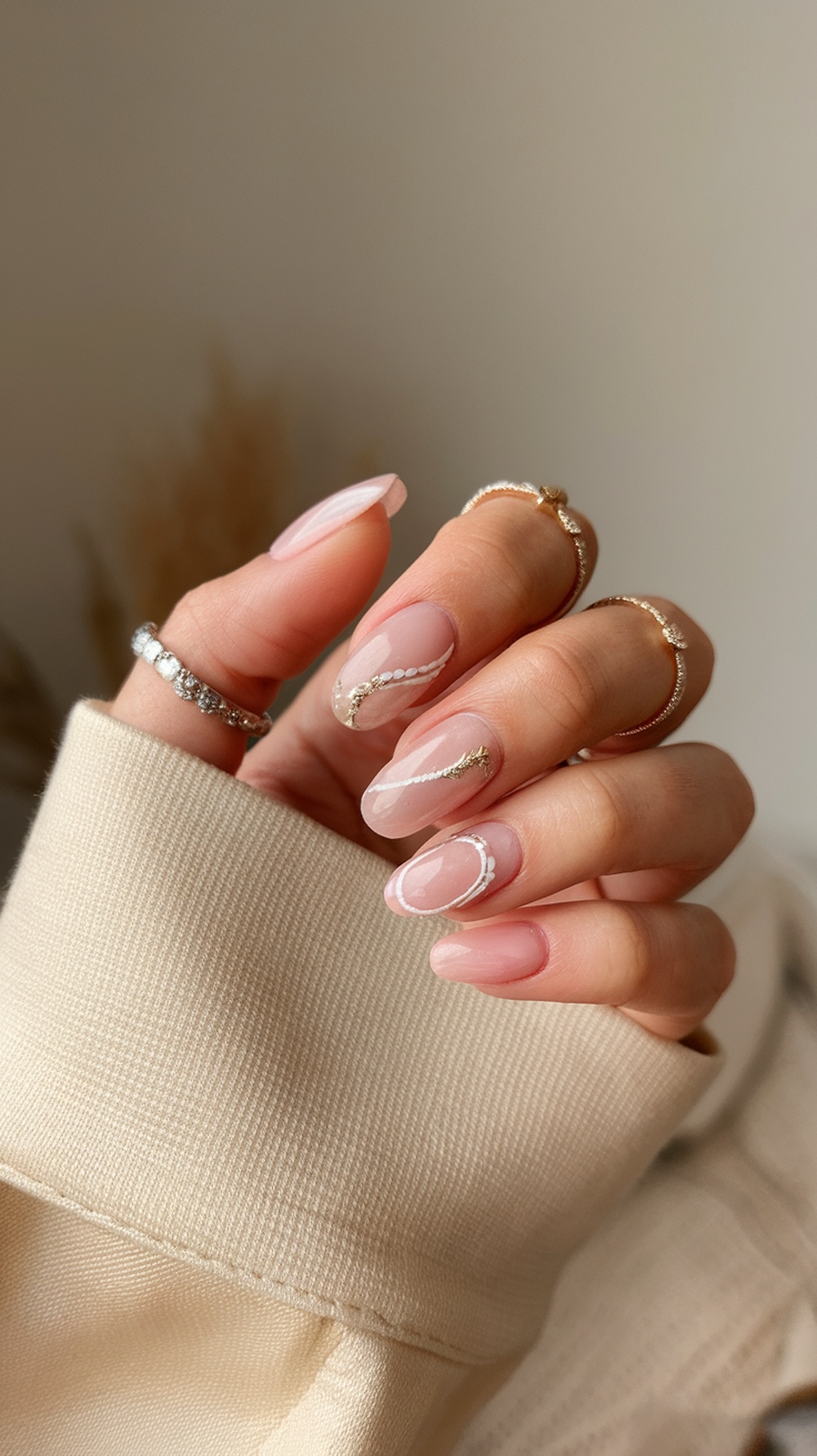 A hand with plum nails featuring elegant designs and rings.