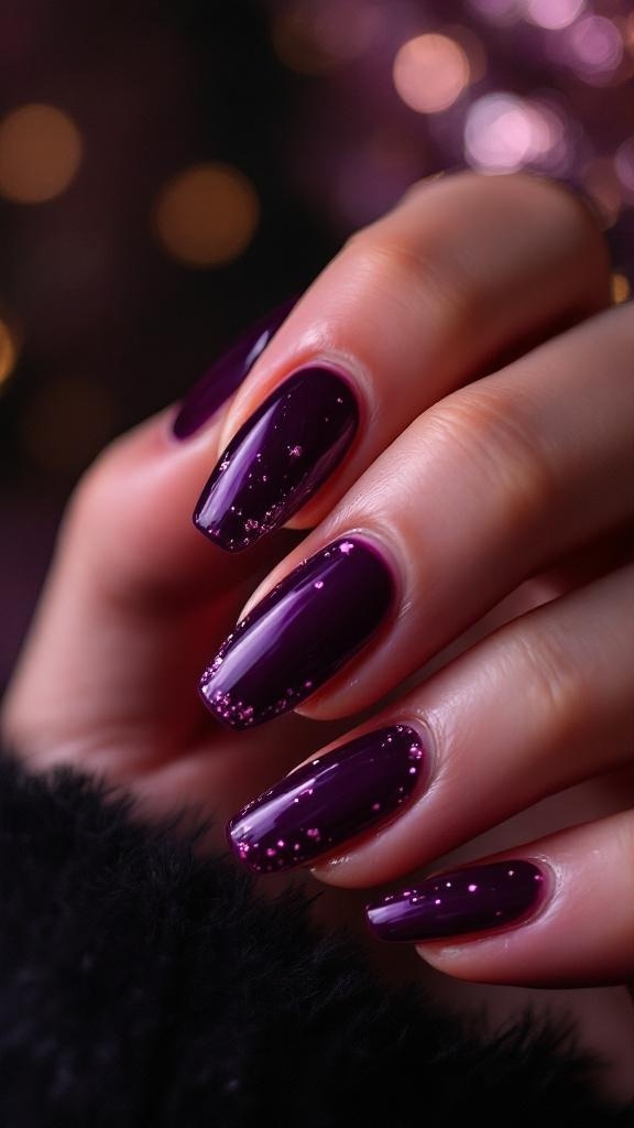 A hand with plum nails featuring glittery accents and gold rings.