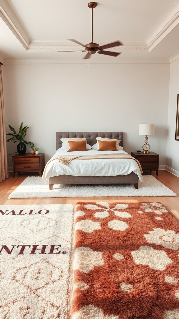 A stylish luxury bedroom featuring plush area rugs in warm tones.