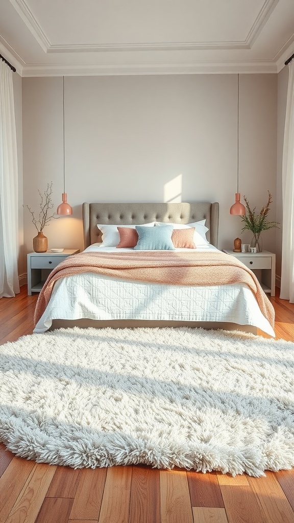A cozy bedroom with a plush white area rug, a comfortable bed with light bedding, and stylish decor.