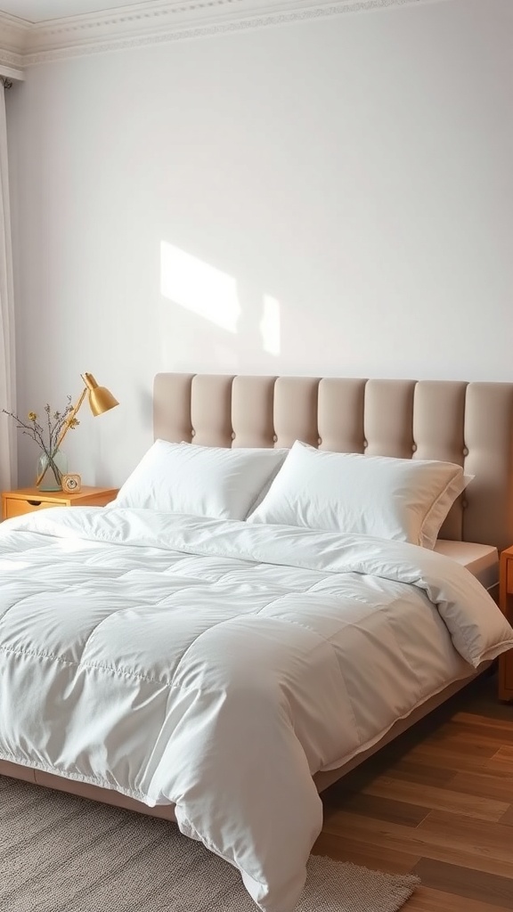 A cozy bedroom featuring a plush bed with white bedding, soft pillows, and a bedside lamp.