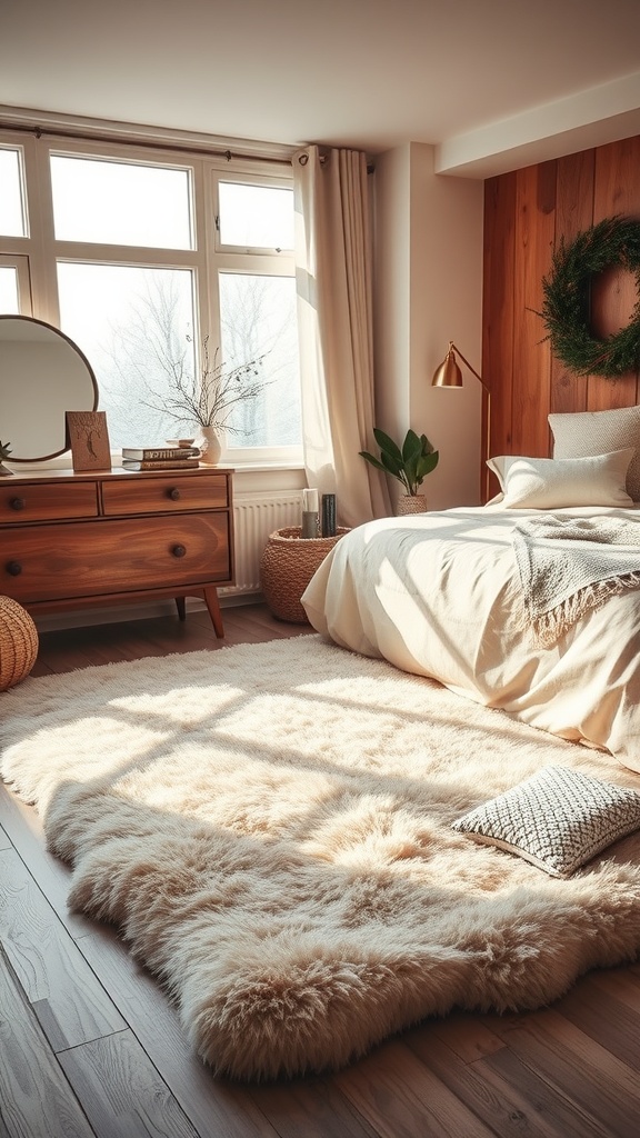 Cozy winter bedroom with a plush rug, wooden furniture, and warm lighting