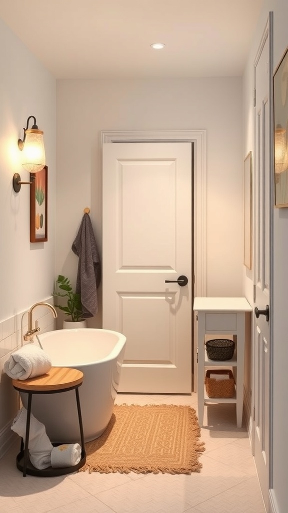 A small bathroom featuring a pocket door, bathtub, and stylish decor.