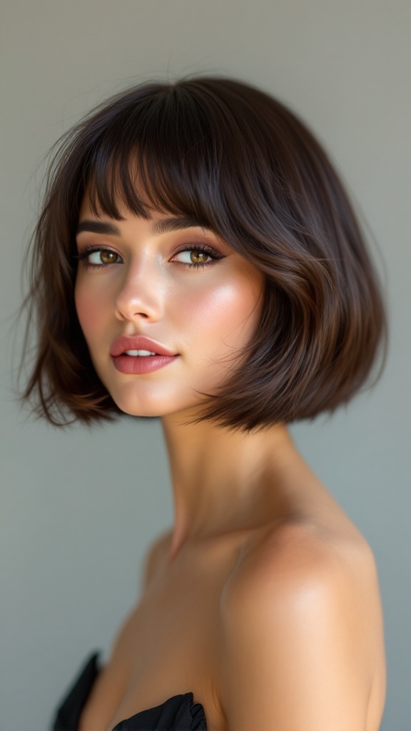 A woman with a polished bob hairstyle and a glossy finish, showcasing a sophisticated look perfect for formal events.