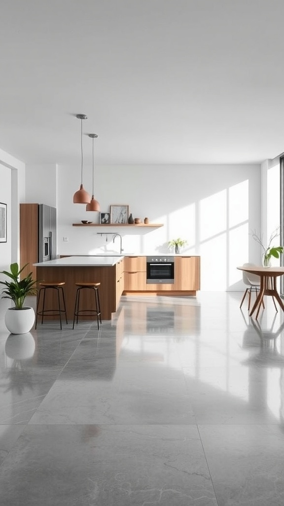 Modern kitchen with polished concrete floors, wooden cabinetry, and pendant lights