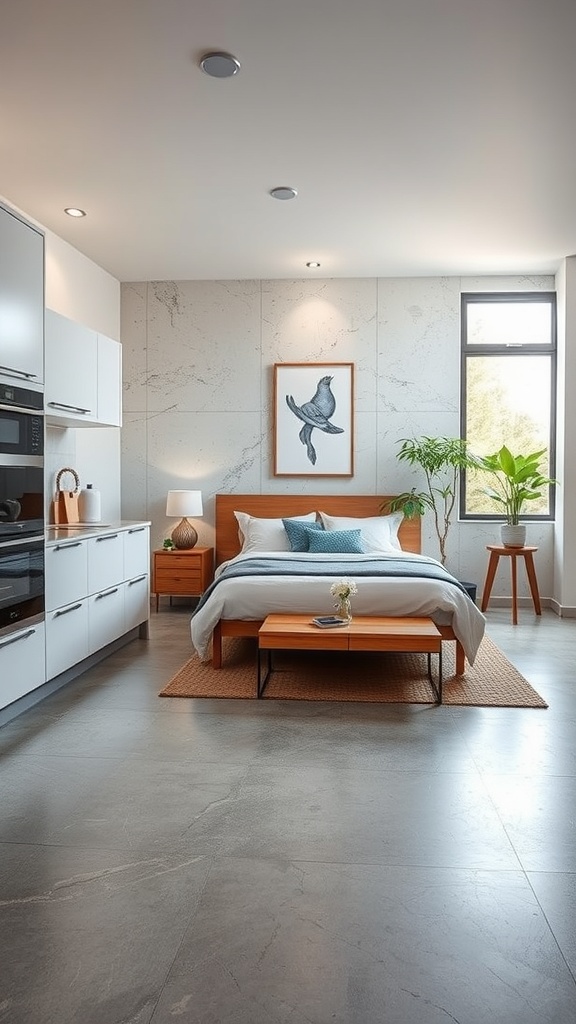 A modern kitchen featuring polished concrete flooring with radiant heating.
