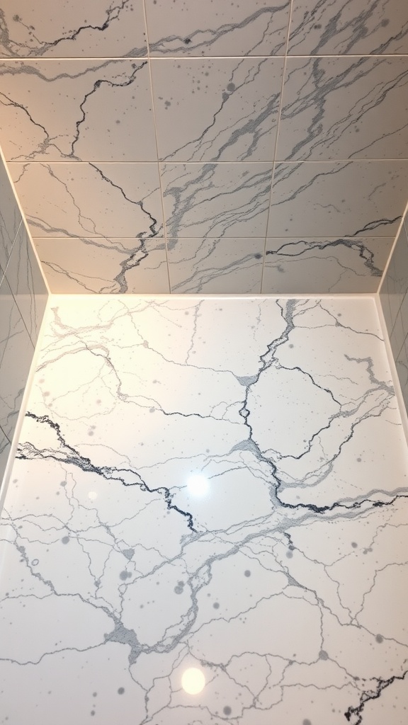 A polished granite shower interior featuring white and gray veining.