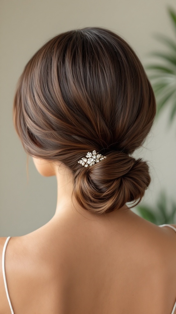 A polished low chignon hairstyle featuring a low bun at the nape of the neck, adorned with a decorative hair clip.