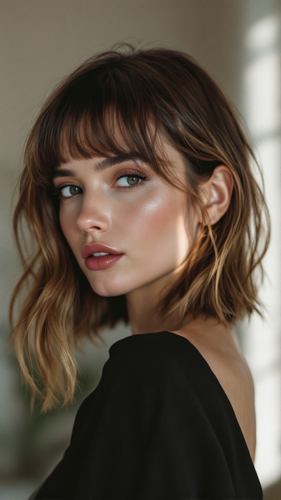 A woman with a polished medium haircut featuring soft waves and feathered bangs.