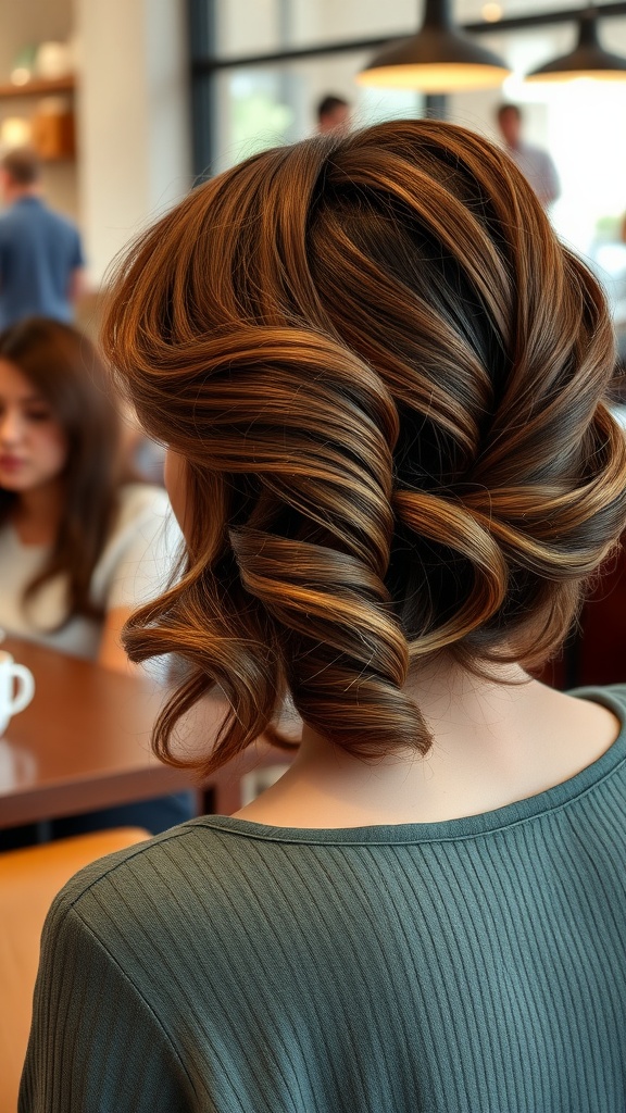 A woman with a polished side part hairstyle featuring soft waves, seen from the back in a cafe setting.