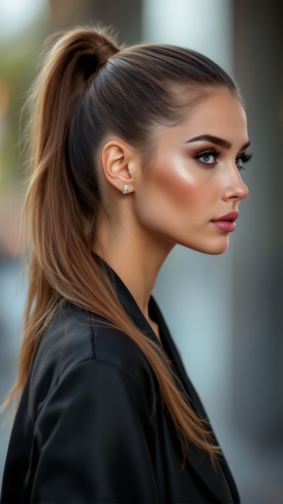 A woman with a polished sleek ponytail, showcasing elegance and style.