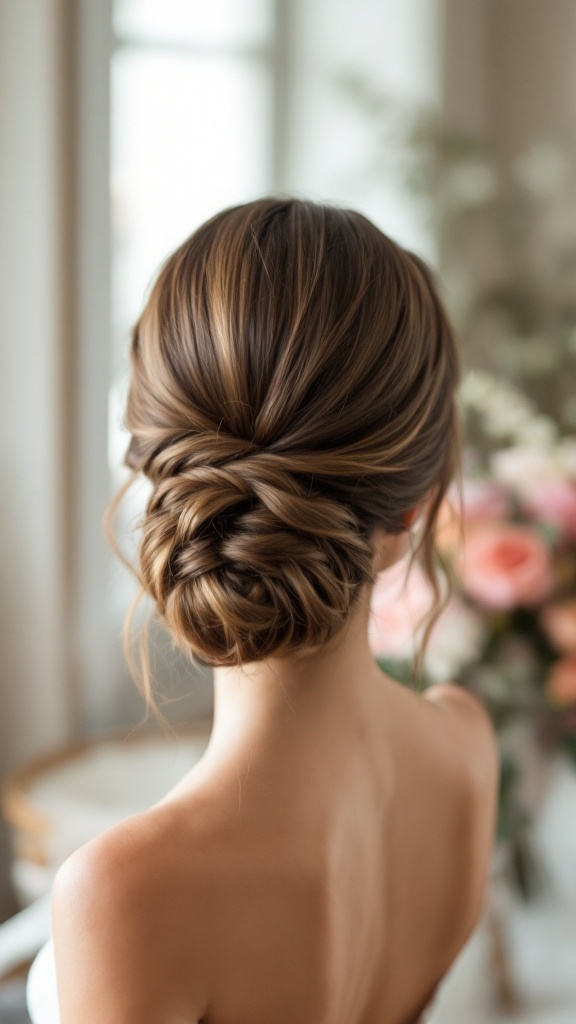 Bridesmaid hairstyle featuring polished straight hair styled in a low chignon