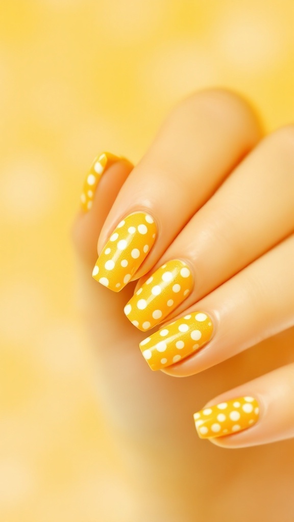 A hand with yellow nails featuring white polka dots.