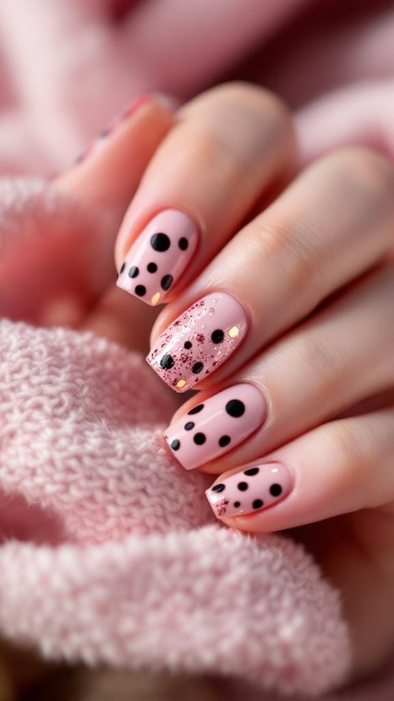Nails with pink base, white polka dots, and glitter accents