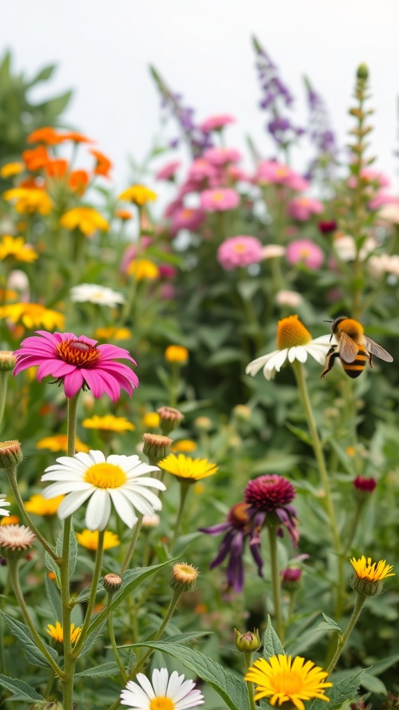 A colorful garden with various flowers attracting bees and butterflies.