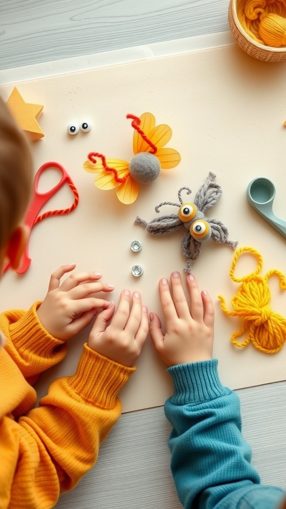 Children's hands working on colorful pom-pom butterfly crafts with various materials.