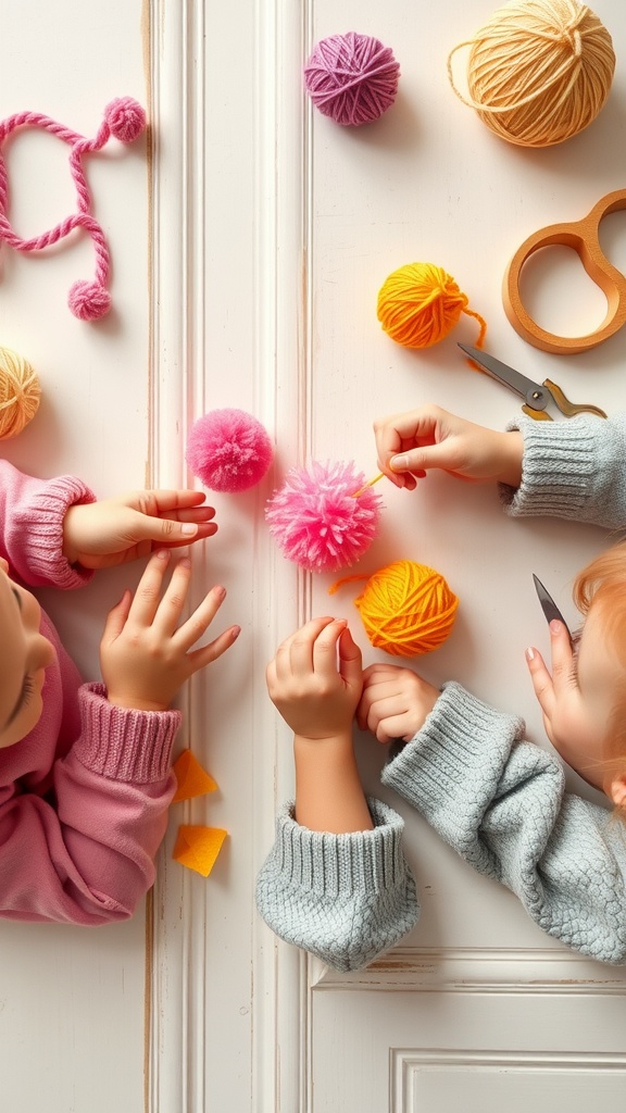 Toddlers making pom-poms with colorful yarn and scissors