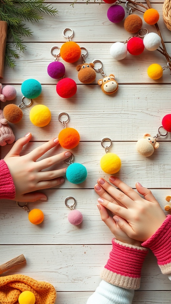 Colorful pom pom keychains on a wooden table with hands reaching for them